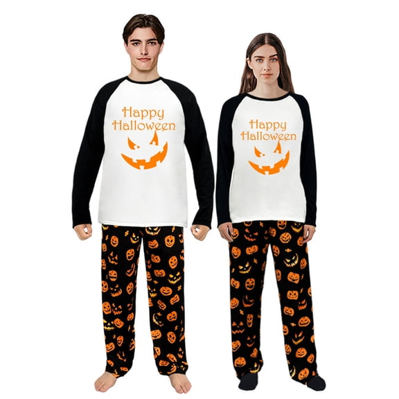 LuLiaMenton Couples Halloween Pajamas Set, Happy Halloween Jack O Lantern Pumpkin PJs, Long Sleeve Matching Sleepwear for Women Men, Womens S