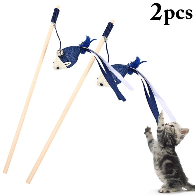 2PCS Cat Teaser Bell Paper Tube Mouse Faux Feather Cat Wand Cat Interactive Toy