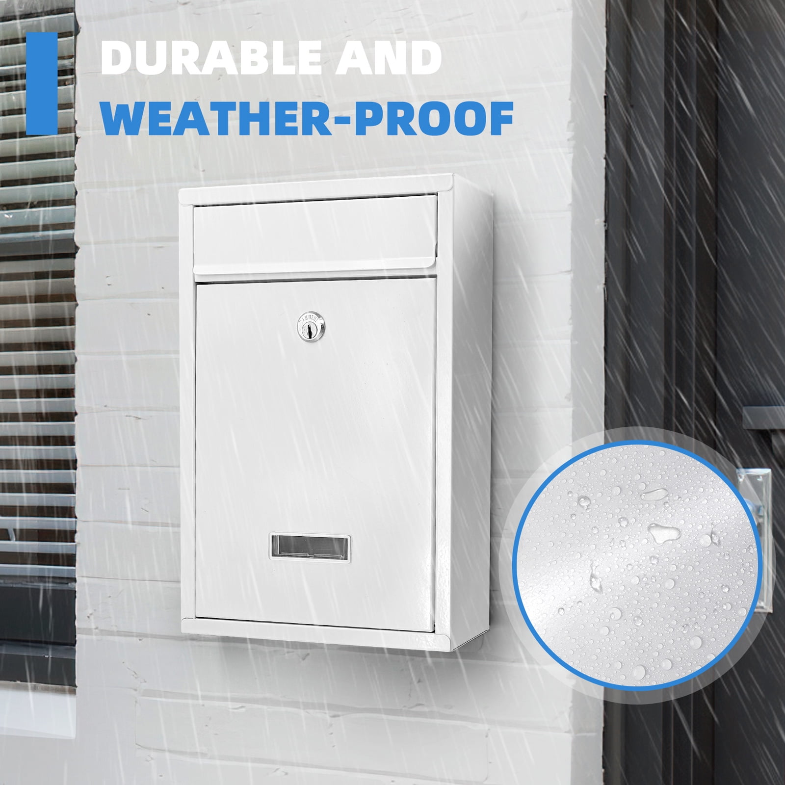 Mailbox Wall Mounted, Key Lock Mail Boxes Outdoor,3.3" D x 8.5" W x 12.6" H,Weatherproof Secure Mail Box,Key Lock Mail Boxes Outdoor,White Large