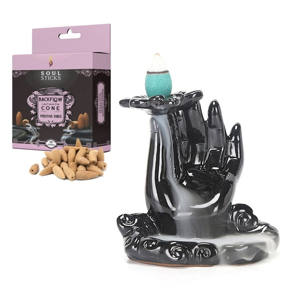 Soul Sticks OM Hand Backflow Cone Burner and Positive Vibes Back flow Incense Cones Combination Set