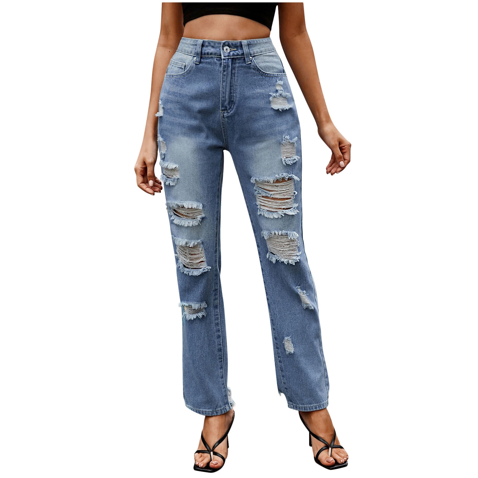 XZNGL Soft Pajama Pants for Women Fashion Womens Denim Button Zipper Pockets Summer Straight Wash Pants