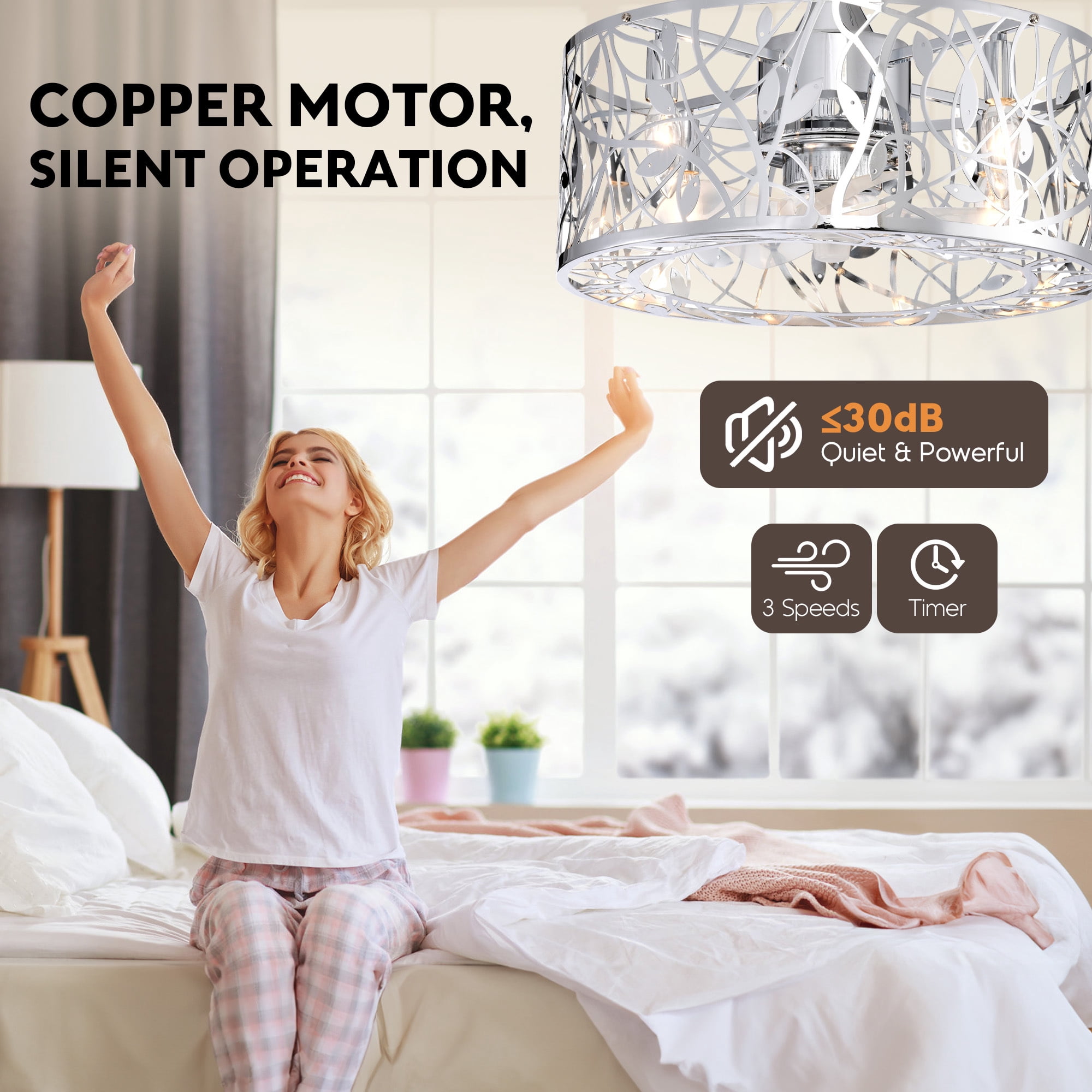 Aukfa 20"Caged Ceiling Fan, 5 Blades Fan with Light and Remote for Living Room,Silver
