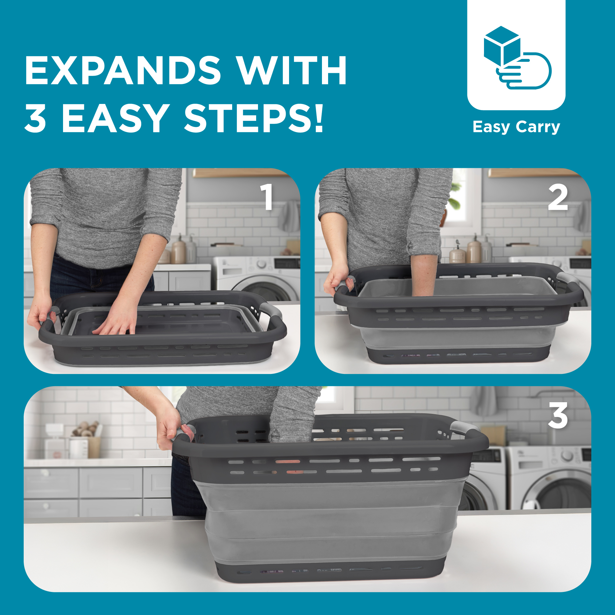BLACK + DECKER Collapsible Laundry Basket with Handles, Space-Saving Design, Dark Gray