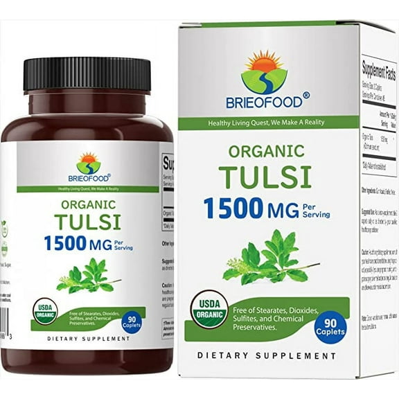 Brieofood Organic Tulsi 1500mg, 45 Servings, Vegetarian, Gluten Free, 90 Vegetarian Tablets