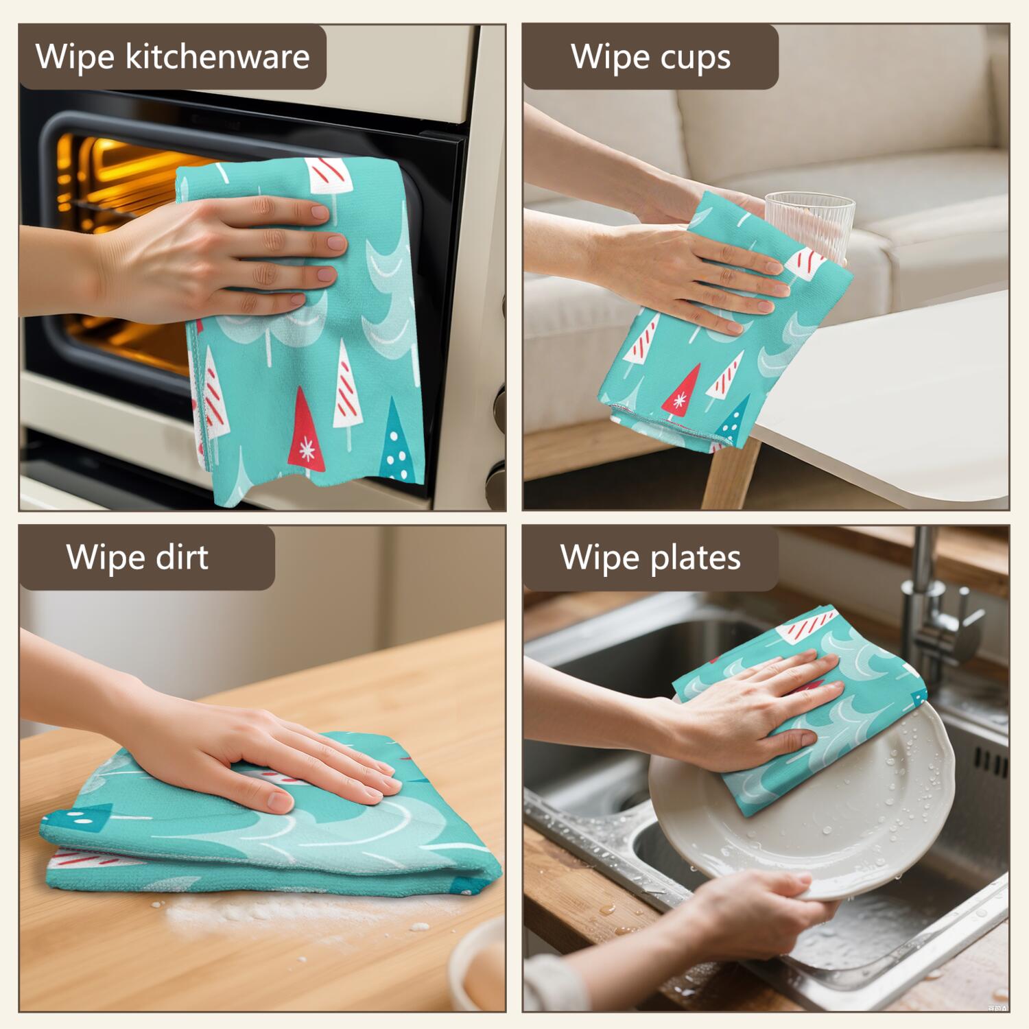 6 Pcs Funny Kitchen Towels,Turquoise Christmas Tree Pattern Microfiber Dish Towels,Kitchen Tea Towels,Kitchen Towel Set (18" X 26")