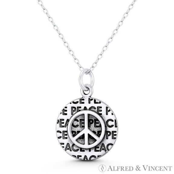 Peace Sign & Engraved Block Script Hippie Charm 25x17mm (1x0.66in) Pendant & Chain Necklace in Oxidized .925 Sterling Silver