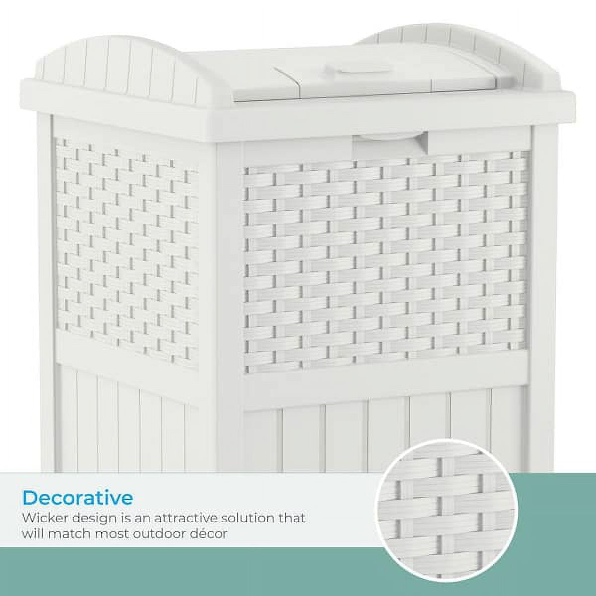 Suncast Resin Wicker Hideaway Outdoor Trash Can with Latching Lid, White