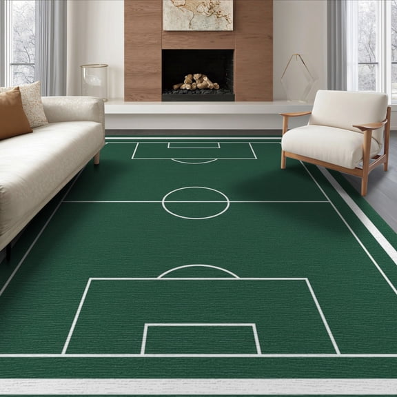 ODIKA 8'x10' Washable Area Rug Non-Slip Chair-Friendly Mat Field Bold Stripe Borders Center Circle Themed Doormat Door Soccer Playful for Dining Room, Large Office, Lounge