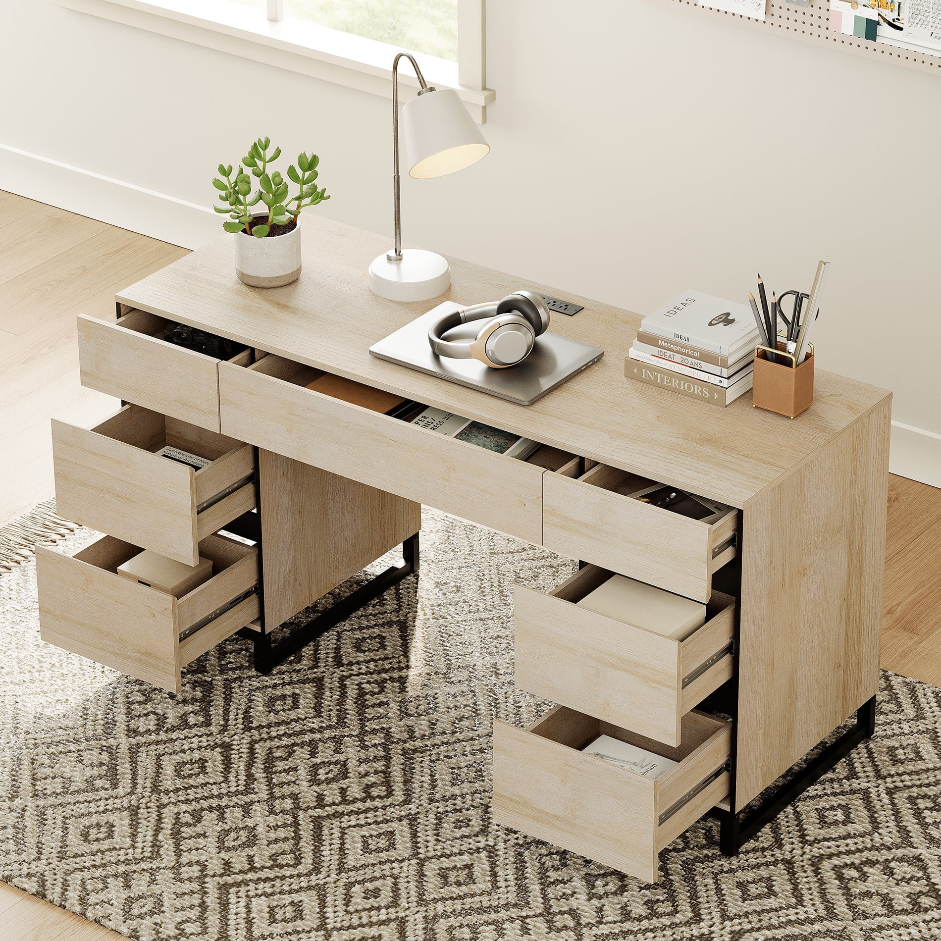 WAMPAT Home Office Furniture Set: 59in Modern Executive Desk with Charging Station and Drawers and 2 PCS 72in Tall Bookcases with 6 Drawers, Home Office Furniture for Living Room, Bedroom, Beige