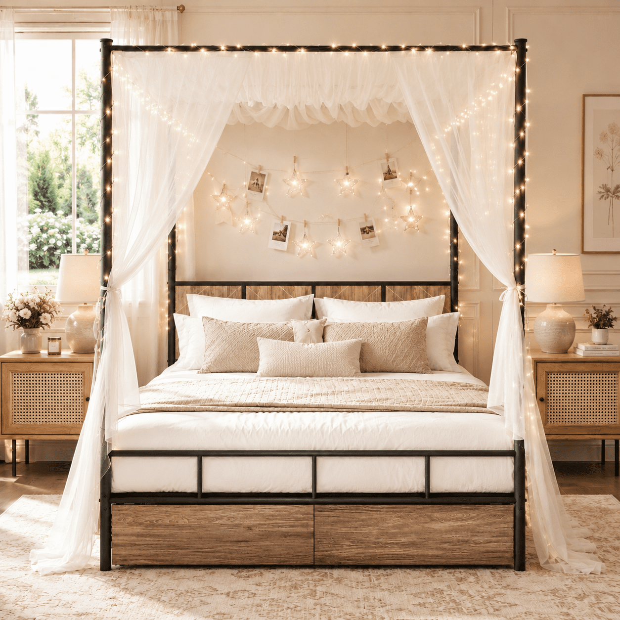 HSUNNS Queen Bed Frame, Queen Size Canopy Bed Frame with 2 Storage Drawers, Wooden Headboard and Footboard, Metal Platform Bed with Under-Bed Storage, No Box Spring Needed, Black+Brown