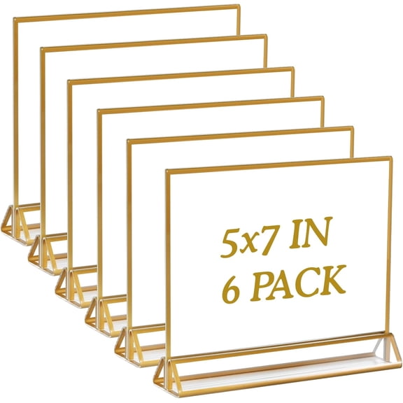 6 Pack Acrylic Sign Holders with Golden Border,7x5 Horizontal Acrylic Sign Holder,Clear Picture Frames,Double Sided Table Menu Holders for Wedding Table Number Office Desktop Photos Display