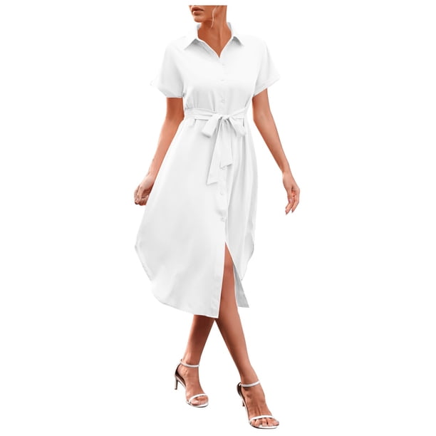 Vestido camisero de verano con botones para mujer - Prenda de playa de manga corta con bolsillos