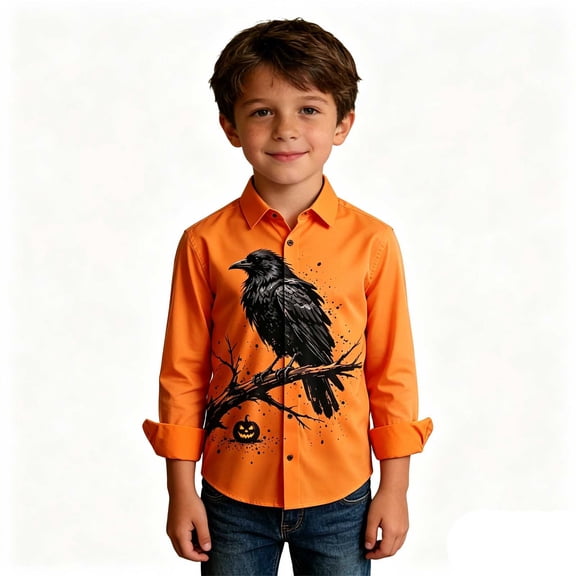 CONZONE Halloween Big Boys Shirts Long Sleeve Graphic Shirt for Boys Lapel Neck Button Down Spooky Season Fashion Tops