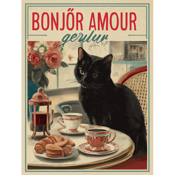 Qisvanset Bonjour Amour French Cat Breakfast Canvas Wall Art 15.75x11.81 INCHES