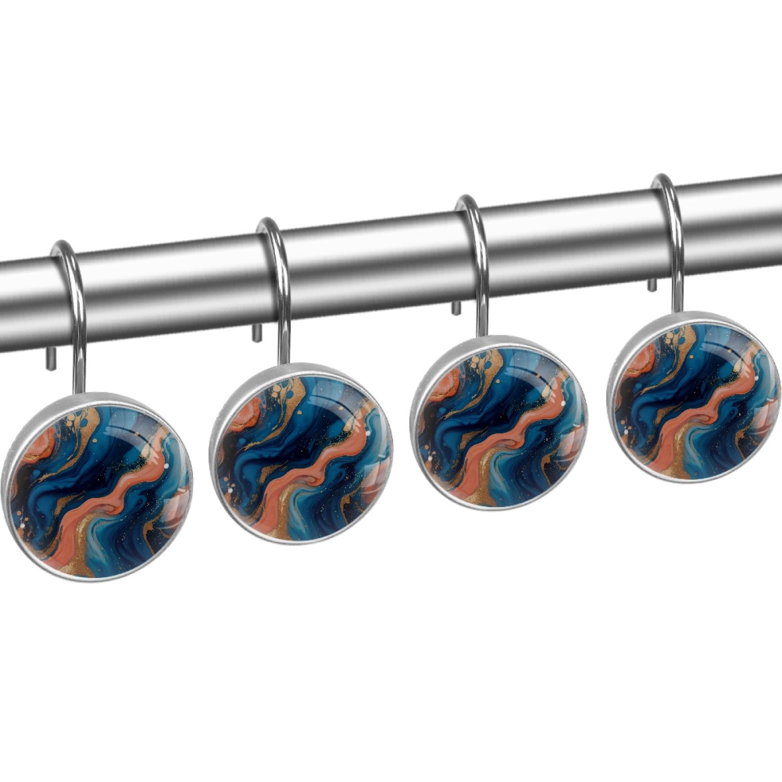 Blue Pink Marble 12 Pack Shower Curtain Hooks, Decorative Shower Rings for Shower Curtain Rods, Stainless Steel, Rust Resistant, Round Curtain Hooks for Bathroom