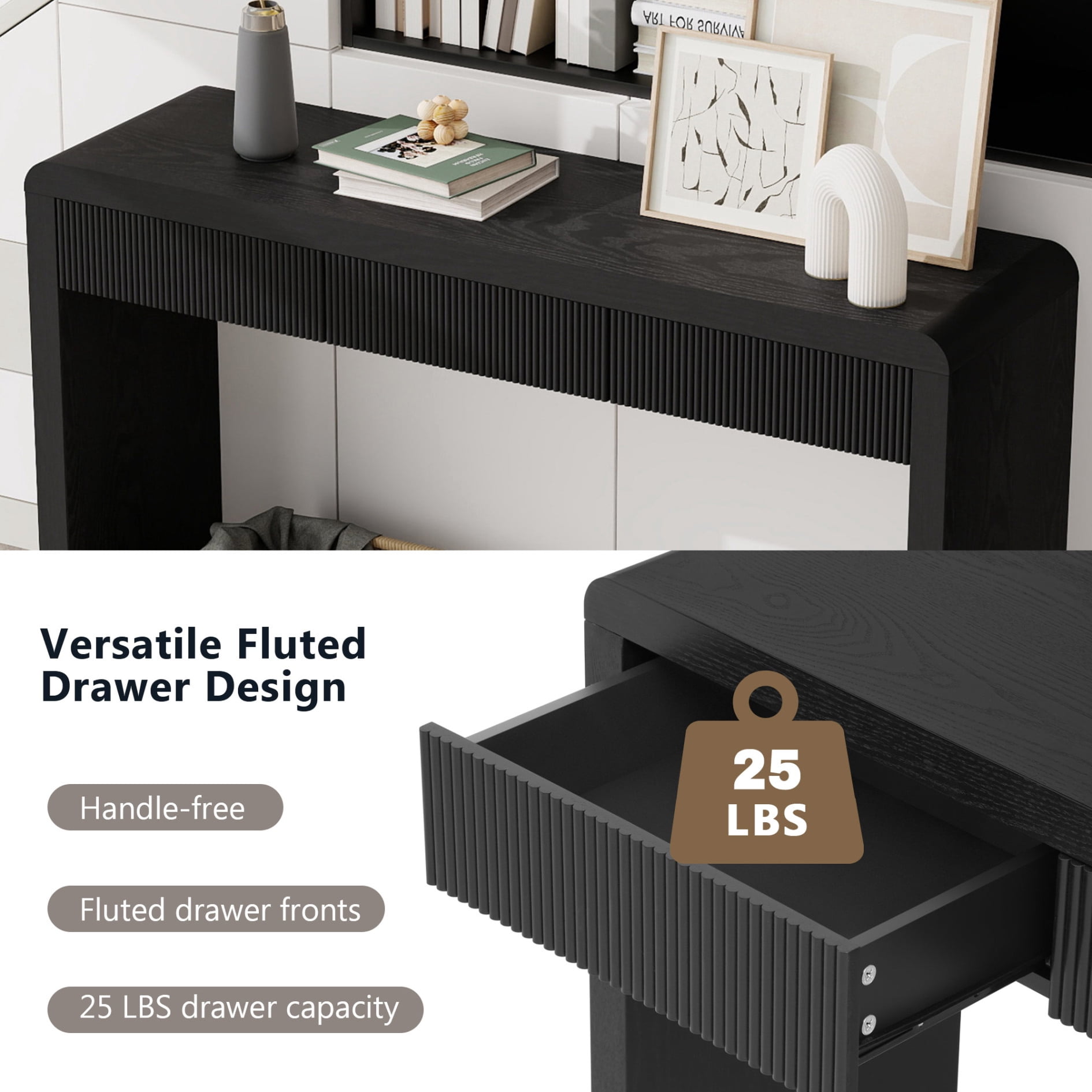 53 Inch Fluted Table for Entryway, Farmhouse Console Table with 3 Drawers and Adjustable Foot, Solid Wood Couch Tables Behind Sofa for Hallway, Living Room, Foyer, Black