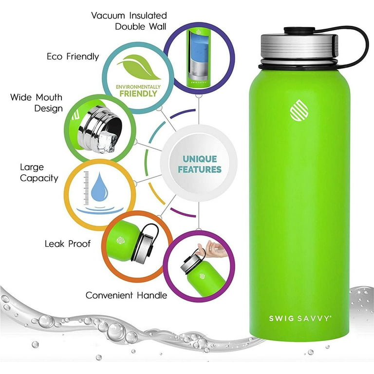 Swig Savvy Sports Water Bottle, Vacuum Insulated Stainless steel, Double  Wall Wide Mouth Leakproof Lid - 40oz (Green)