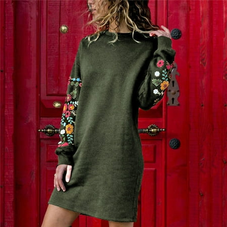 PATLOLLAV Dresses for Women 2022,Women's Autumn and Winter Sexy Long Sleeve Print V-Neck Long Dresses