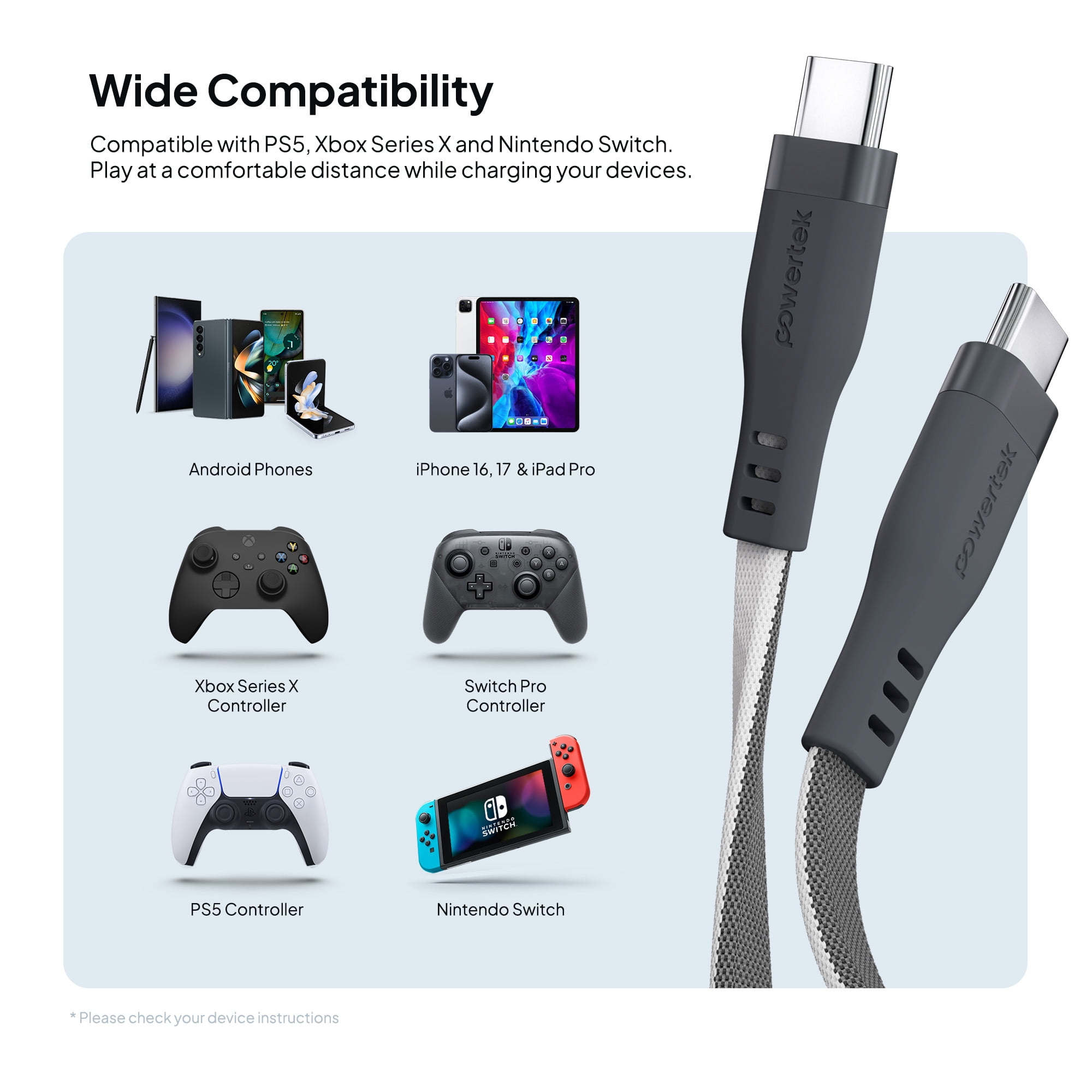 Powertek USB-C to USB-C Two-Tone Pastel Fast Charge Cable, 6 ft, Grey