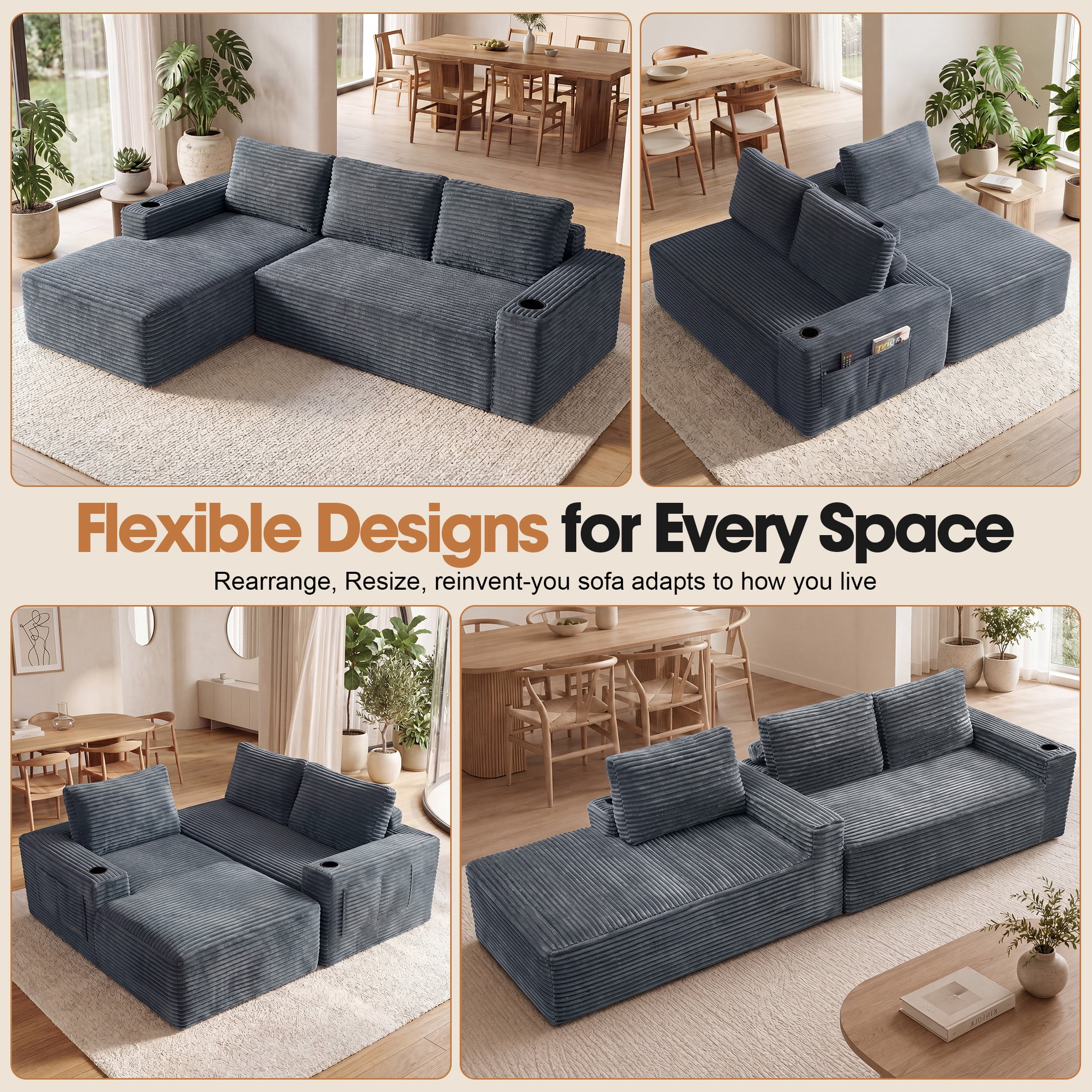 Aenkyo 104 Inch Corduroy L-Shaped Cloud Sectional Sofa with Left Facing Chaise and Cup Holders, Gray