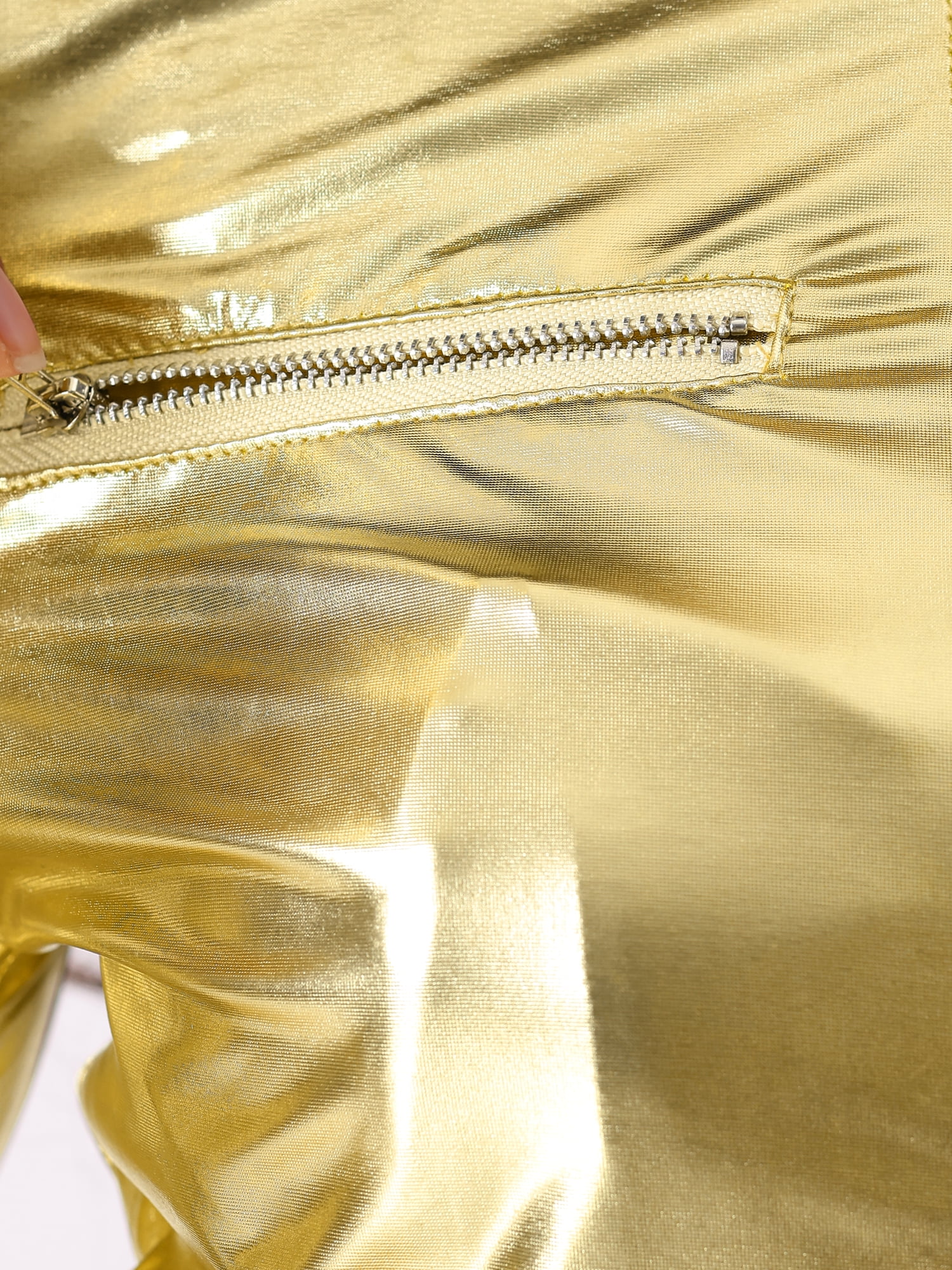 DARING DIVA Women's Cropped Jacket Metallic Stand Collar Long Sleeve Crop Jackets S Gold