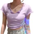 thumbnail image 4 of Camiseta de mujer de corte ajustado con escote en V, frunces laterales y detalle de cordón, violeta claro, talla M, 4 of 8