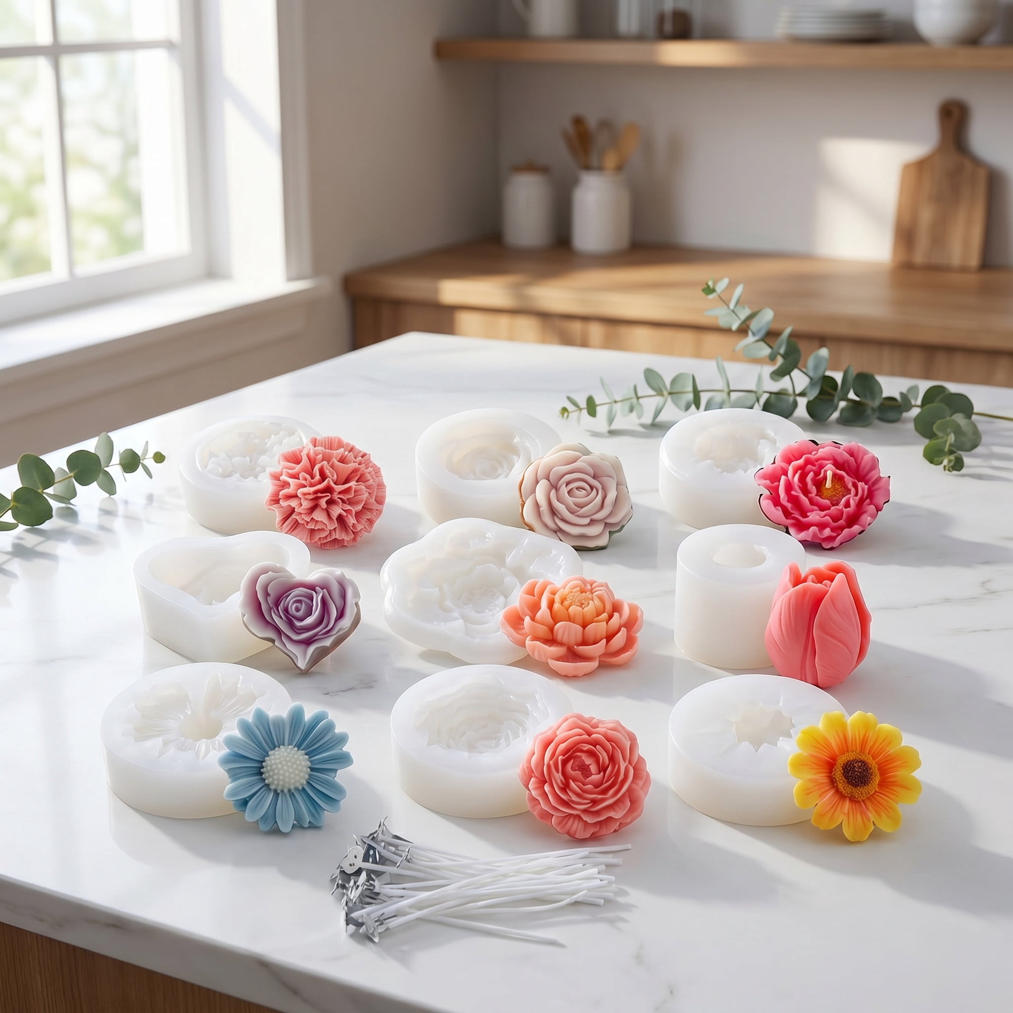 9 Pcs Flower Silicone Molds Kit with 100 Candle Wicks, Food Grade 3D Floral Molds for Candle Making, Soap, Chocolate, Wax Melts, Resin DIY Crafts