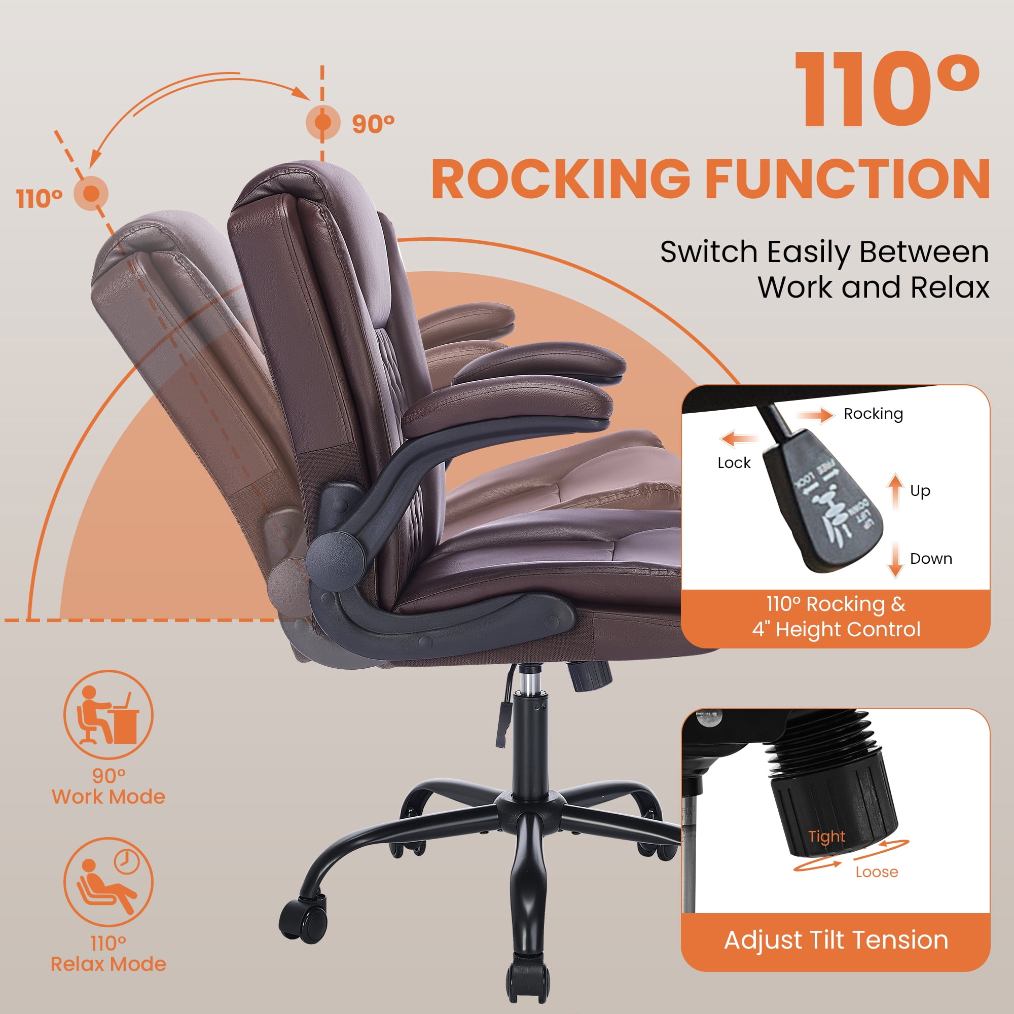 Fantasylab Executive Ergonomic 300LBS PU Leather Home Office Desk Chair, Computer Desk Chair with Adjustable Armrest,BROWN