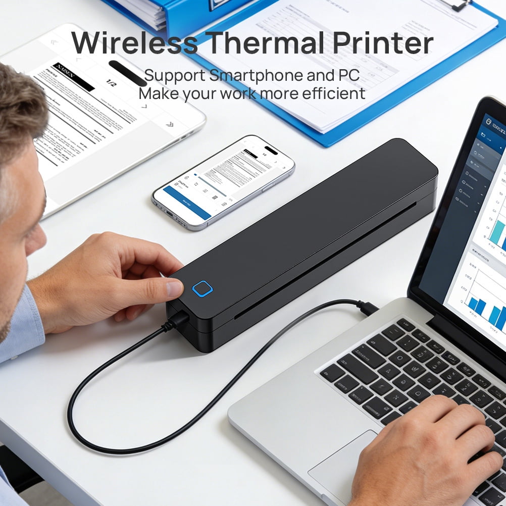 D830B Wireless Thermal Printer Portable for Travel Office School Includes 1 Paper Roll Supports A4 Letter Ink-Free iOS Android Laptop