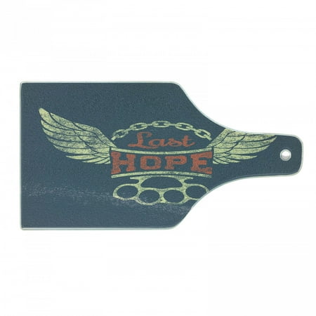 

Vintage Cutting Board Grunge Style Wings Chain Brass Knuckles Last Hope Words for Bikers Decorative Tempered Glass Cutting and Serving Board Wine Bottle Shape Pale Yellow Slate Blue by Ambesonne