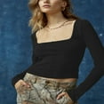 thumbnail image 2 of Women‘s Spring Solid Color Long Sleeve Square Neck Slim T-shirt, 2 of 5