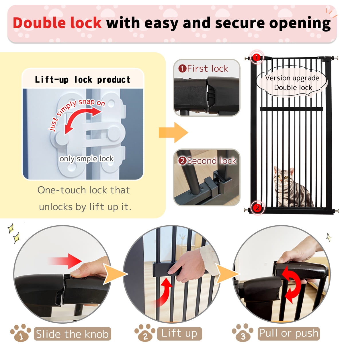 Lumizone Extra Tall Pet Gate 55.12" High Pressure Mounted 38.39"-42.51" Extra Wide 1.37" Gap for Cat Dog Children Stairs Doorway Hallway No Drilling Auto-Close (38.39"-42.51", Black)
