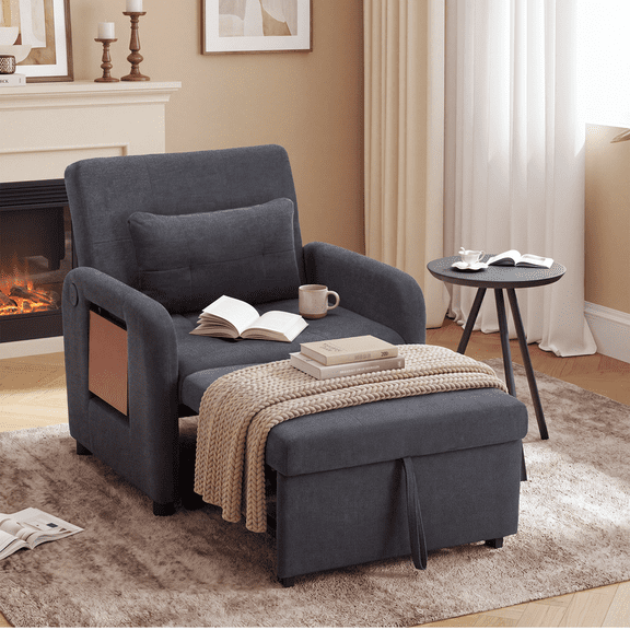 Nidovia 3-in-1 Sleeper Chair Bed, Convertible Pull Out Single Sofa Bed, Reclining Accent Chair with USB Port, Foldable Side Table, Adjustable Backrest for Small Spaces, Dark Grey