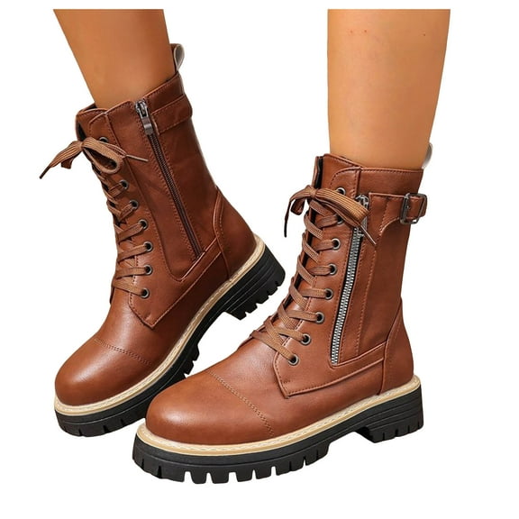 Womens Combat Boots Trendy Lace up Chunky Lug Sole Winter Warm Waterproof Mid Calf Riding Booties with Zipper Pocket