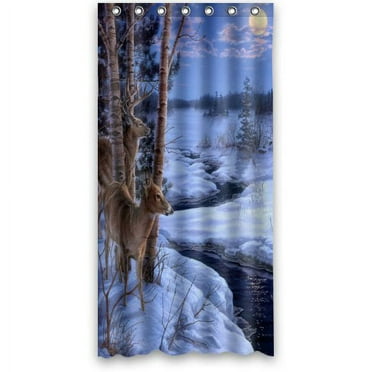 HelloDecor winter snow animals deer moon stream tent campfire Shower Curtain Polyester Fabric Bathroom Decorative Curtain Size 36x72 Inches