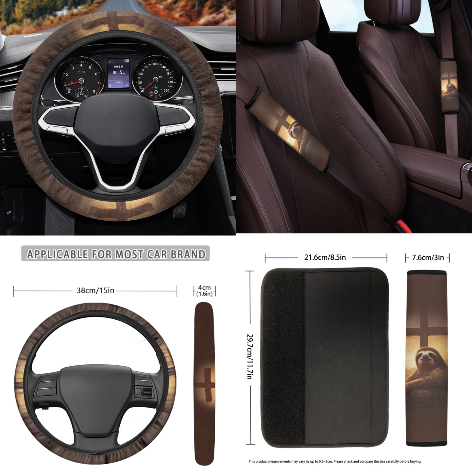 Yuyamidu Sloth Car Seat Covers Full Set of 15 Cross Car Floor Mats Auto Steering Wheel Cover Seatbelt Covers Handbrake Sets Cup Coasters Brown Auto Accessory Decor