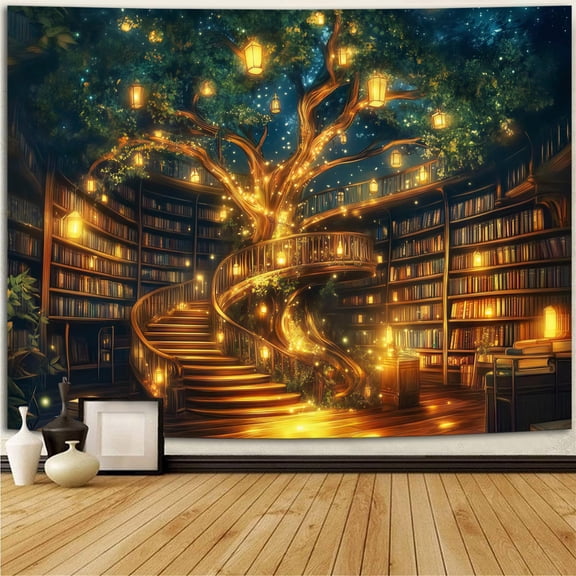 Enchanted Tree Library Tapestry – Magical Bookshelf Reading Room Wall Hanging, Cozy Literary Art Decor for Bedroom, Living Room, or Study - 90' x60''