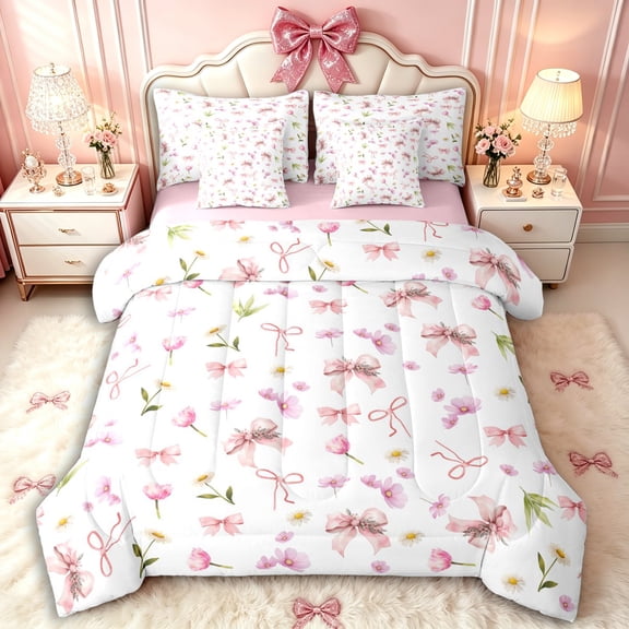 Manfei Kawaii Floral Bow Twin Bedding Sets 7-Piece for Kids Girls,Teens Chic Flowers Bowknot Bedding Comforter Set,Pink Reversible,Microfiber Bedroom Decor