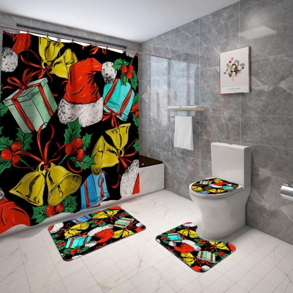 Details about   4Pcs 3D Bathroom Shower Curtain Set Christmas Bath Mat Non-Slip Toilet Cove 