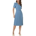 thumbnail image 4 of Vestido de trabajo para mujer INSPIRE CHIC, con escote en V, manga corta, por debajo de la rodilla, con cinturón, corte A, plisado, talla XS, azul grisáceo, 4 of 5