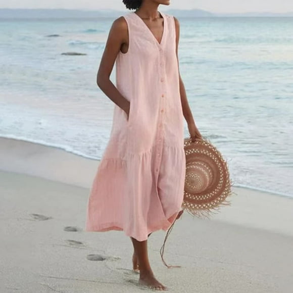Staron Womens Summer Dress Clearance Under $10 Cotton Linen Plus Size Sundresses Summer Beach Sleeveless Button V Neck Elegant Flowy Loose Long Dress Pink L