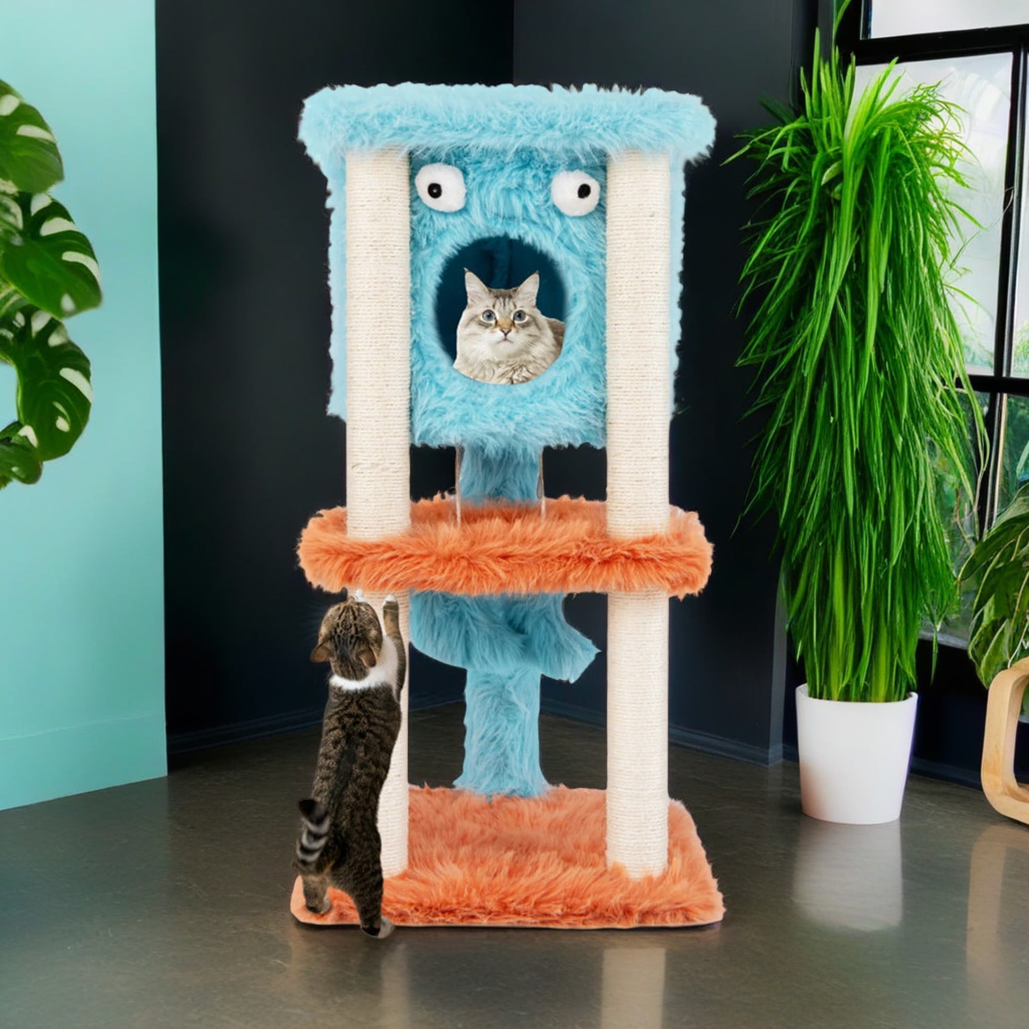 resenkos 34" Monster-Themed Cat Tree Tower with Cat Condo, Kitten Plush Habitat with Scratch Posts Toy Cat Tree House, Blue+Orange