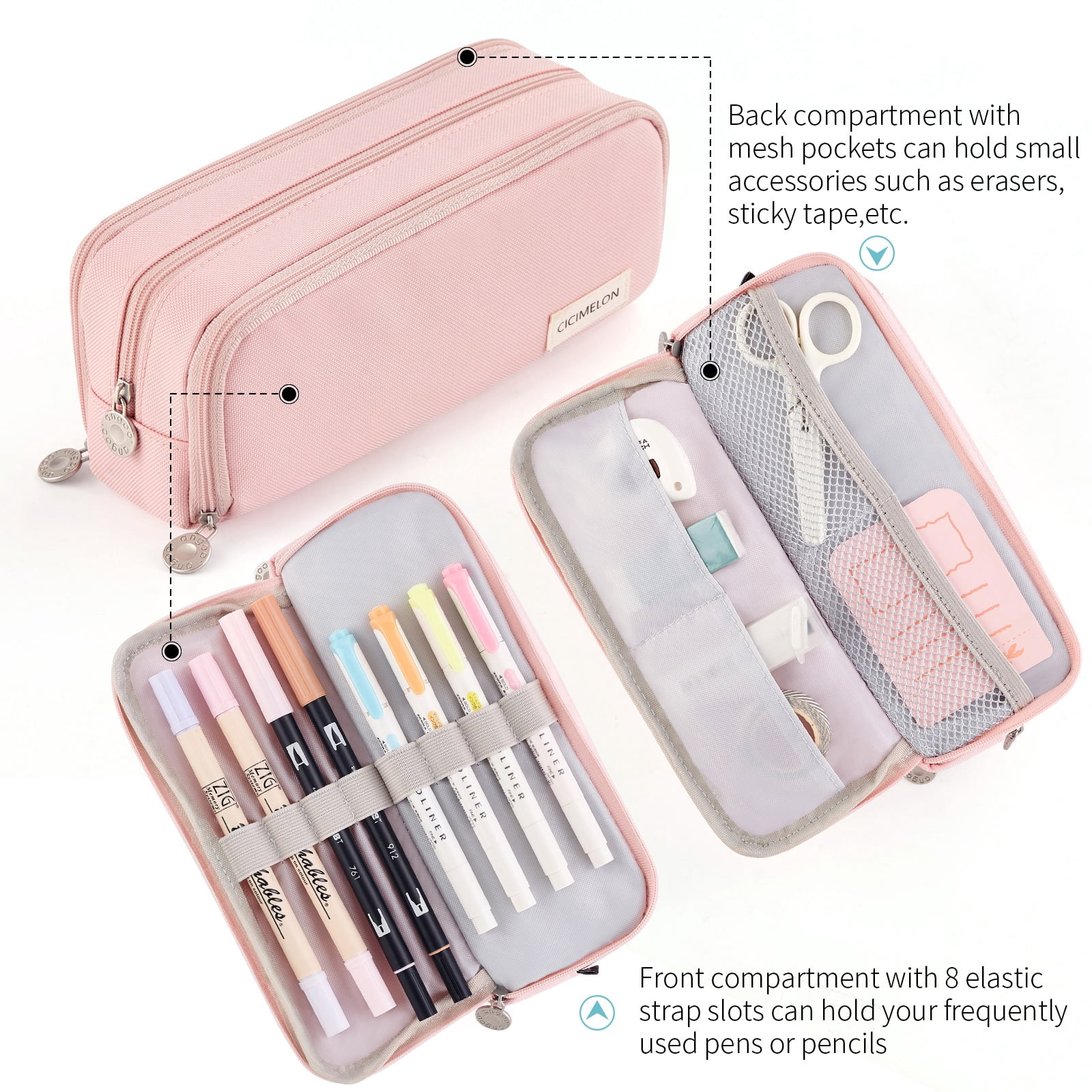 CICIMELON Large Capacity Pencil Case 3 Compartments Pen Pouch Pencil Bag for Students Girls Adults Women (PINK)