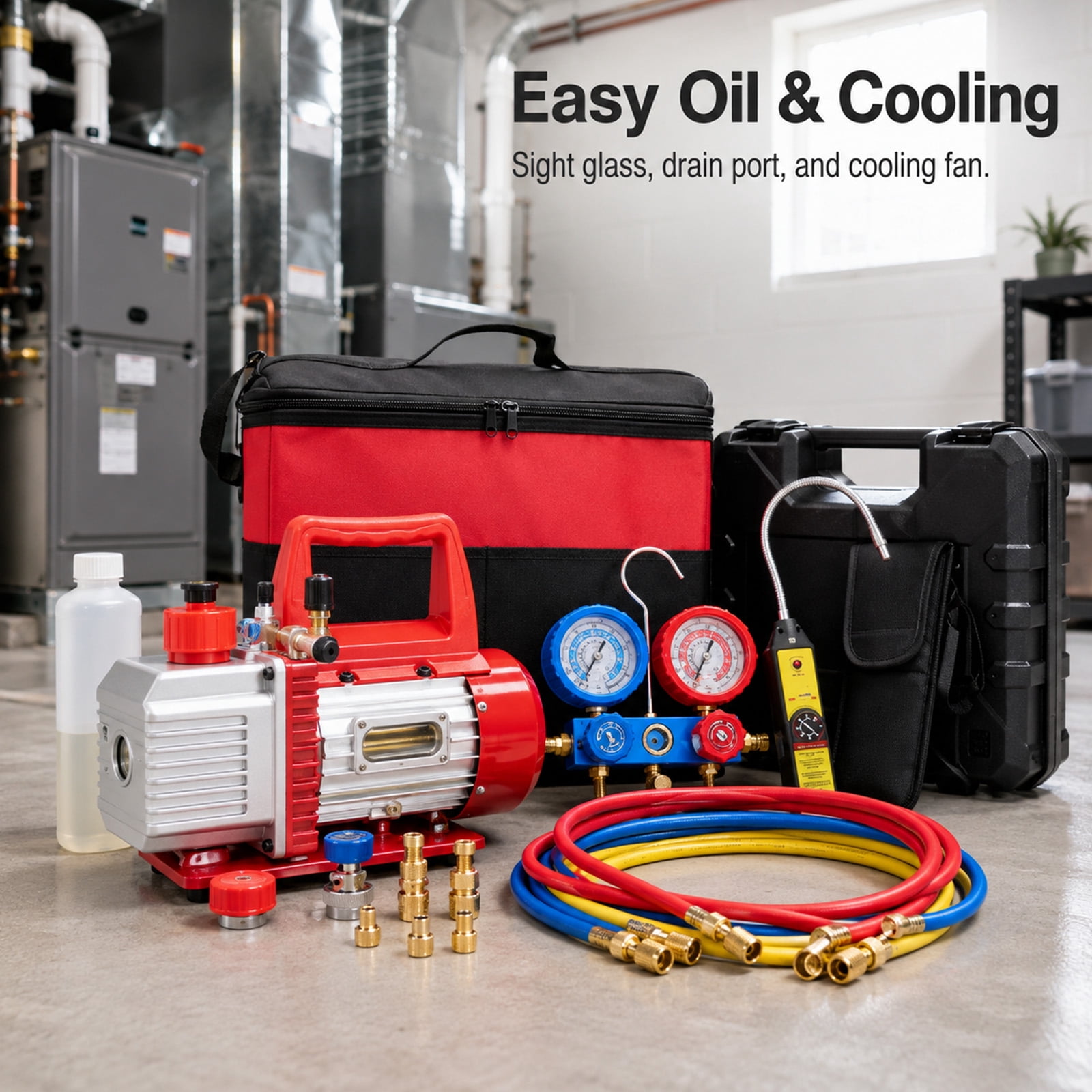 Alvantor 1/3HP 4CFM Vacuum Pump Kit with R13a R410A R22 R112 R410A Manifold Gauge Set, Leak Detector, R134a Quick Couplers, Can Tap & Carry Bag for AC Refrigeration Recharge