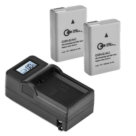 Green Extreme 2 Pack EN-EL14A and Compact Smart Charger (7.4V 1100mAh)