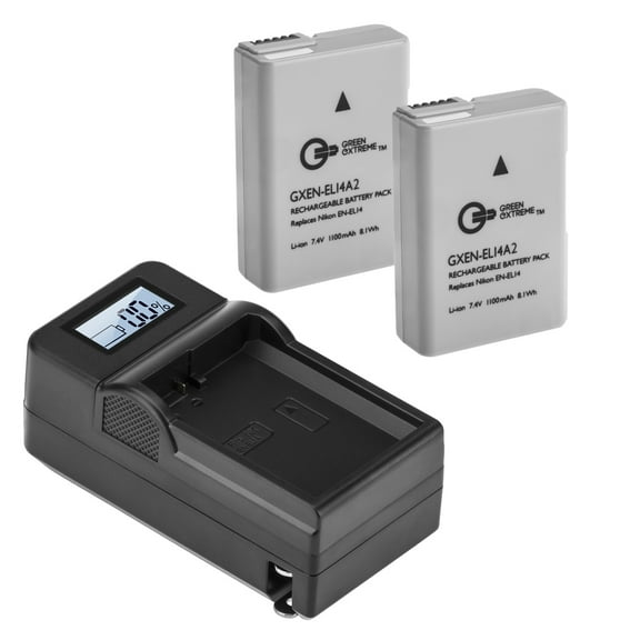 Green Extreme 2 Pack EN-EL14A and Compact Smart Charger (7.4V 1100mAh)