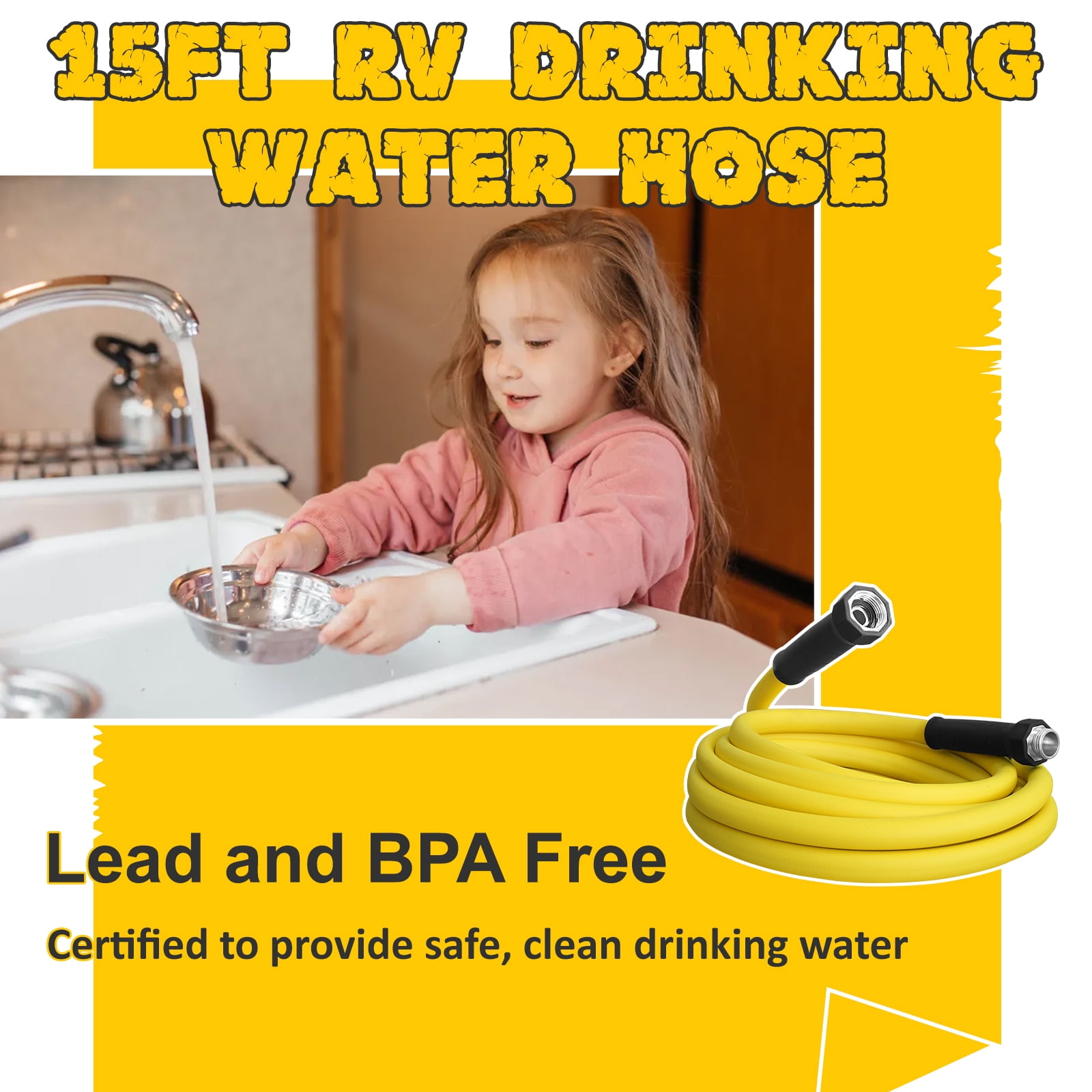 5/8”Inner RV Water Hose 15FT Drinking Fresh Potable Water Safe Hose for Camper/Garden/Boat/Farm/Home, No Kinking, Flexible, Wear-resistant, 150PSI Work Pressure, Yellow