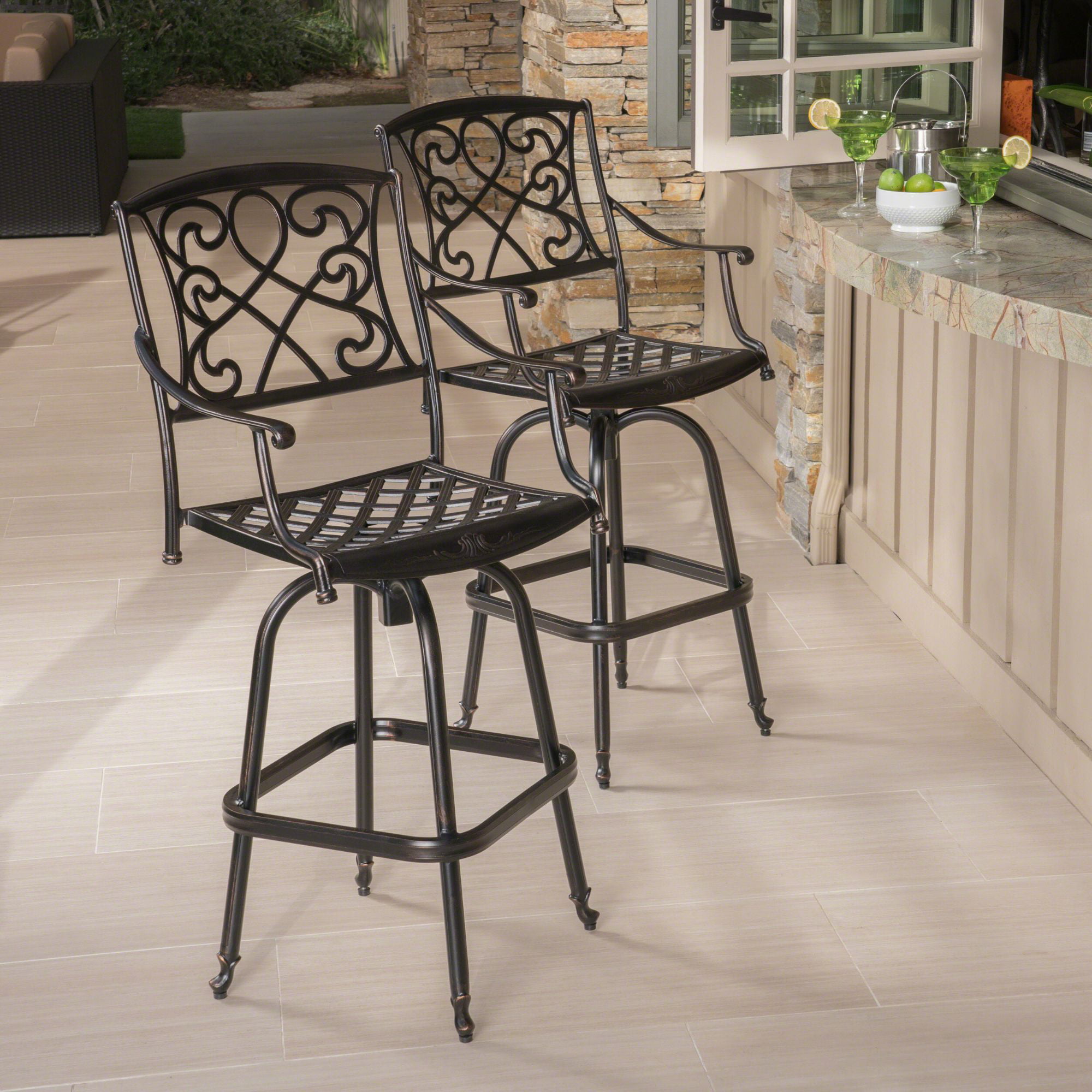 set of 2 bronze contemporary outdoor patio swivel bar stools 49