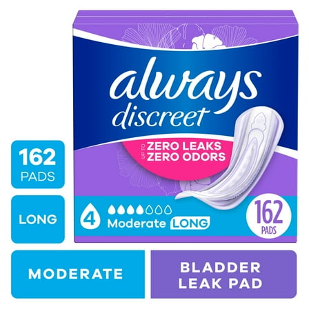 Always Discreet Adult Incontinence Pads for Women, Moderate Absorbency, Long Length, Postpartum Pads, 162 Count