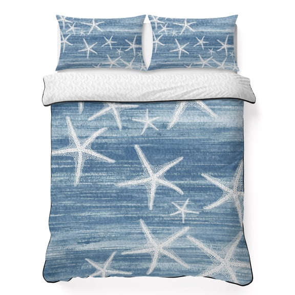 Full Quilt Set 78''x90'', Blue Coastal Lightweight Summer Bedspread Coverlet Set with 2 Pillow Shams, Summer Ocean Waves Ombre Sea Starfish Breathable All Season Quilt Bedding for Bedroom/Guest Room